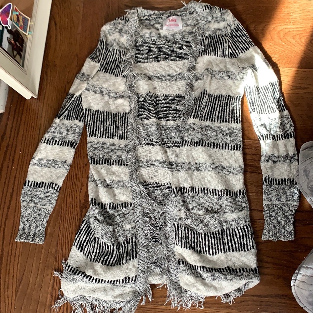 Striped, patterned, knit cardigan